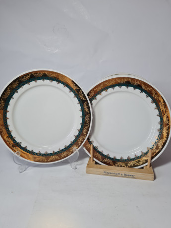 H&C Czechoslovakia Набор тарелок, белый фарфор с зелено-золотым  ободком, 4 шт х 24,5 x 3, Чехословакия, 1960-70гг.