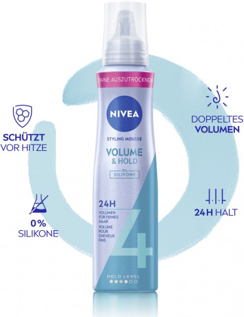 NIVEA Volumen Pflege Schaumfestiger, 150 ml, Нивеа Мусс для объёма волос, пантенол и витамин B3, объём от корней, до 24ч фиксация, термозащита, 150 мл