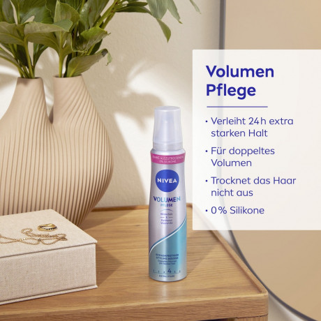NIVEA Volumen Pflege Schaumfestiger, 150 ml, Нивеа Мусс для объёма волос, пантенол и витамин B3, объём от корней, до 24ч фиксация, термозащита, 150 мл