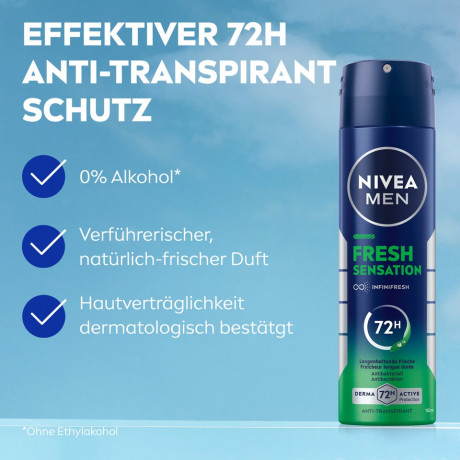 NIVEA MEN Fresh Sensation Anti-Transpirant Spray, 150 ml, Нивеа Мужской антиперспирант спрей, формула INFINIFRESH, стойкий аромат, 72ч защита, 150 мл