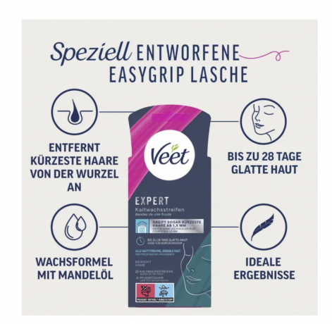 Veet EXPERT Kaltwachsstreifen Gesicht, alle Hauttypen Восковые полоски EXPERT холодного действия для лица, подходят для всех типов кожи.