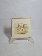 Панно винтажное Johnny-Tapete &quot;Пейзаж с мельницей&quot; в золотистой рамке, керамика, 16.5 х 16.5 см, Германия, 1970-80гг.