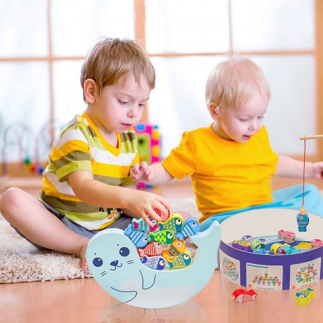 Arkmiido Holz Angelspiel mit 18 magnetische Fische Деревянная рыбалка с 18 магнитными рыбками