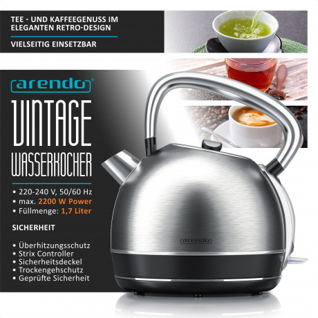 Arendo Arendo Wasserkocher, 1,7 l, 2200 W, Edelstahl Retro Style Vintage, Uberhitzung  Trockenkochschutz, silber  Чайник Arendo, 1,7 л, 2200 Вт, нержавеющая сталь, винтажный ретро-стиль, защита от перегрева, защита от выкипания, серебристый
