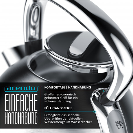 Arendo Arendo Wasserkocher, 1,7 l, 2200 W, Edelstahl Retro Style Vintage, Uberhitzung  Trockenkochschutz, silber  Чайник Arendo, 1,7 л, 2200 Вт, нержавеющая сталь, винтажный ретро-стиль, защита от перегрева, защита от выкипания, серебристый