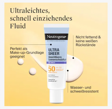 Neutrogena Sonnenfluid Gesicht, ultra sheer age shield, LSF 50, Солнцезащитный флюид для лица, ультратонкий защитный крем от старения, SPF 50, 50 мл