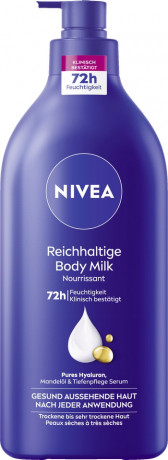 NIVEA Reichhaltige Body Milk Pump-Spender, 625 ml, Нивеа Молочко для тела, гиалуроновая кислота и миндальное масло, 72ч увлажнение, с дозатором, 625 мл