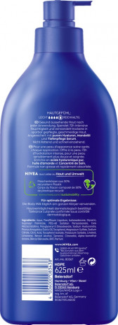 NIVEA Reichhaltige Body Milk Pump-Spender, 625 ml, Нивеа Молочко для тела, гиалуроновая кислота и миндальное масло, 72ч увлажнение, с дозатором, 625 мл