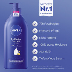 NIVEA Reichhaltige Body Milk Pump-Spender, 625 ml, Нивеа Молочко для тела, гиалуроновая кислота и миндальное масло, 72ч увлажнение, с дозатором, 625 мл