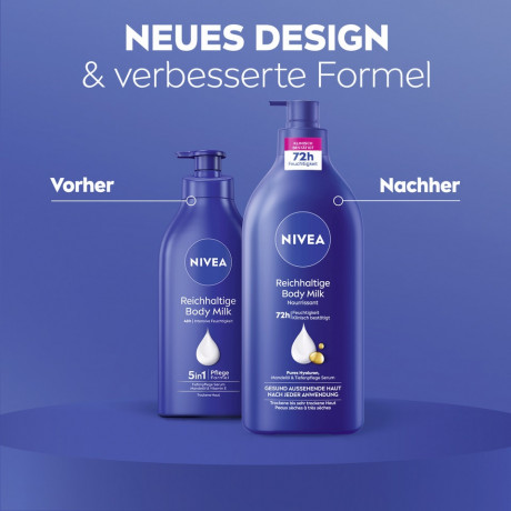NIVEA Reichhaltige Body Milk Pump-Spender, 625 ml, Нивеа Молочко для тела, гиалуроновая кислота и миндальное масло, 72ч увлажнение, с дозатором, 625 мл