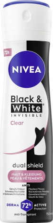 NIVEA Black & White Invisible Clear Anti-Transpirant Spray, 150 ml, Нивеа Антиперспирант спрей, невидимый, защита одежды от пятен, 72ч защита, 150 мл