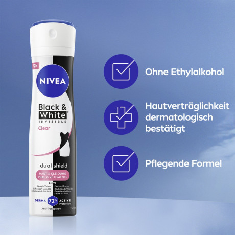 NIVEA Black & White Invisible Clear Anti-Transpirant Spray, 150 ml, Нивеа Антиперспирант спрей, невидимый, защита одежды от пятен, 72ч защита, 150 мл