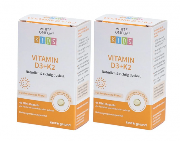 White Omega Vitamin D3K2 Kapseln fгr Kinder, zuckerfrei, 800IE, 45st x 2packs, Витамин D3 K2 с Омега 3 для детей (Германия), мини капсулы из водорослей и натто для костей и иммунитета, DHA, 2 упаковки х 45шт