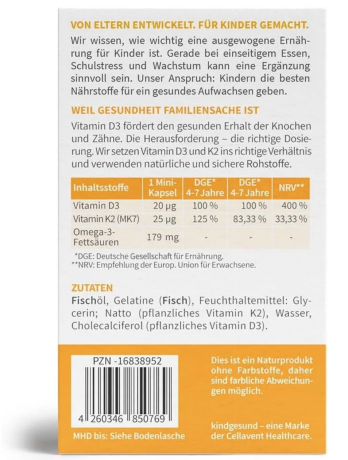 White Omega Vitamin D3K2 Kapseln fгr Kinder, zuckerfrei, 800IE, 45st x 2packs, Витамин D3 K2 с Омега 3 для детей (Германия), мини капсулы из водорослей и натто для костей и иммунитета, DHA, 2 упаковки х 45шт