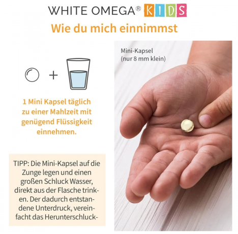 White Omega Vitamin D3K2 Kapseln fгr Kinder, zuckerfrei, 800IE, 45st x 2packs, Витамин D3 K2 с Омега 3 для детей (Германия), мини капсулы из водорослей и натто для костей и иммунитета, DHA, 2 упаковки х 45шт