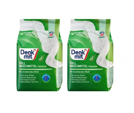 Denkmit Vollwaschmittel Premium Pulver, 20 Wl x 2 st, Порошок для белого белья (Германия), стиральный порошок против серости и пятен с ароматом свежести, 1350 г  x 2 упаковки (40 стирок)