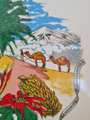 Картина в деревянной раме винтажная, белая керамика с красочным изображением Канарских островов, 21 x 26 см, Испания, 1960-70гг.