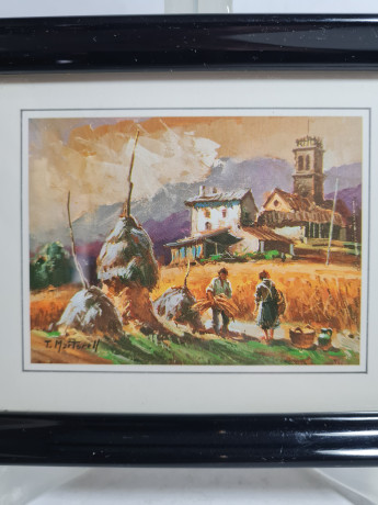 Картина винтажная Martocell "Мужчины в стогах", в раме, 15 х 12 см, Германия, 1980-90гг.