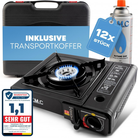 ZMC ZMC Gaskocher Gaskocher 1-flammig + Aufbewahrungskoffer + 12x Gaskartuschen 227g, (Butangas Campingkocher fur Innenraum/Outdoor, Campinggaskocher 2,2 kW mit Piezozundung), Kochfeld Herd Gaskocher mit Kartusche, Gaskochfeld fur Camping  Газовая плита Z