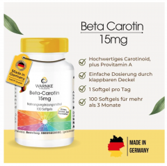 Warnke Beta-Carotin 15 mg, 100st, Бета Каротин 15мг натуральный (Германия), провитамин A для здоровья глаз и сияющей кожи, 100шт