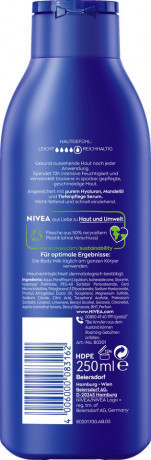NIVEA Reichhaltige Body Milk, 250 ml, Нивеа Молочко для тела, гиалуроновая кислота и миндальное масло, 72ч увлажнение, 250 мл