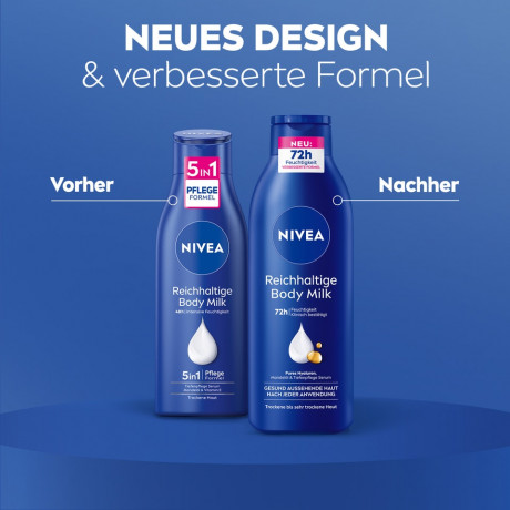 NIVEA Reichhaltige Body Milk, 250 ml, Нивеа Молочко для тела, гиалуроновая кислота и миндальное масло, 72ч увлажнение, 250 мл