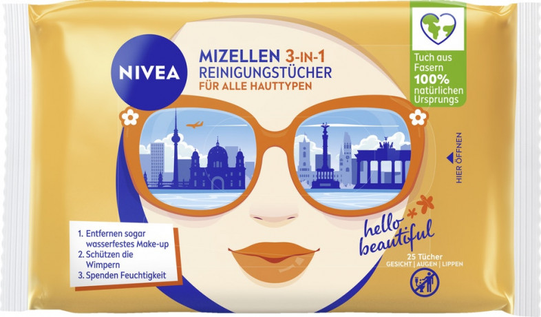 NIVEA 3in1 Mizellen Reinigungstucher, 25 Stuck, Нивеа Мицеллярные очищающие салфетки 3 в 1, для всех типов кожи, снятие макияжа, 25 шт