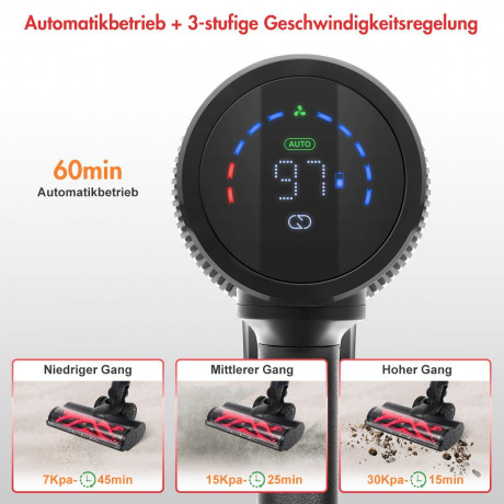 7Magic 7Magic Akku-Hand-und Stielstaubsauger, 450 W, 30000 Pa Starke Saugleistung, Laufzeit max. 60min, Faltbarer Staubsauger, 6-stufiges HEPA Filtrierung, LED Anti-Tangle Elektroburste, Abnehmbarer Akku, Wandhalterung, fur Tierhaare/Fussboden/Teppiche, 0