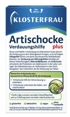 Klosterfrau Artischocke Plus Tabletten 30 stk, Экстракт листьев артишока для улучшения пищеварения, 30 таблеток