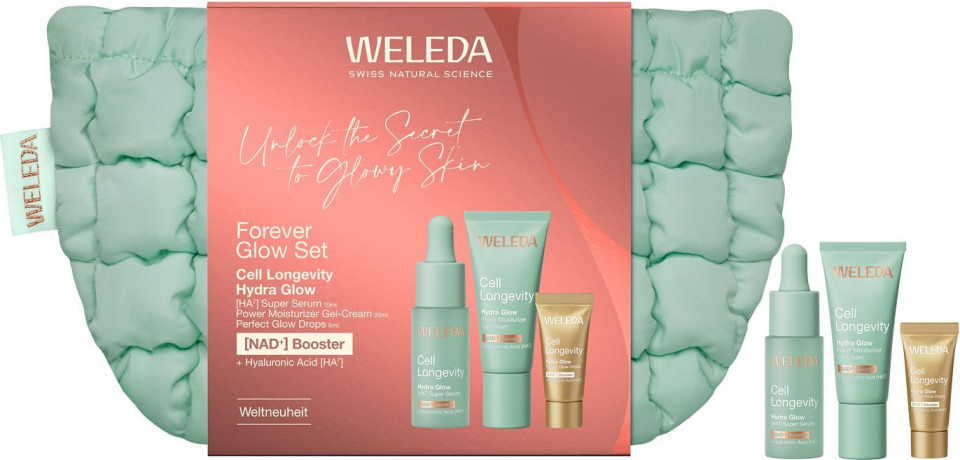 WELEDA Cell Longevity Forever Glow Geschenkpackung, 3 Produkte, 20 ml + 10 ml + 5 ml, Kosmetiktasche, Подарочный набор Forever Glow: гель-крем 20 мл, сыворотка HA7 10 мл, сияющие капли 5 мл и косметичка
