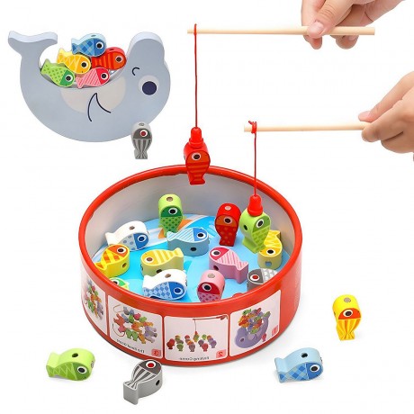 Arkmiido Holz Angelspiel mit 18 magnetische Fische Деревянная рыбалка с 18 магнитными рыбками