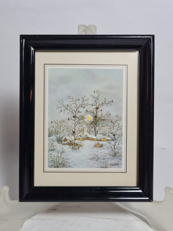 Картина винтажная Chispasa "Зимний городок", в раме, 15 х 12 см, Германия, 1980-90гг.