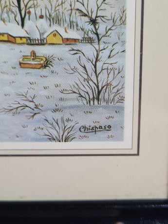 Картина винтажная Chispasa "Зимний городок", в раме, 15 х 12 см, Германия, 1980-90гг.