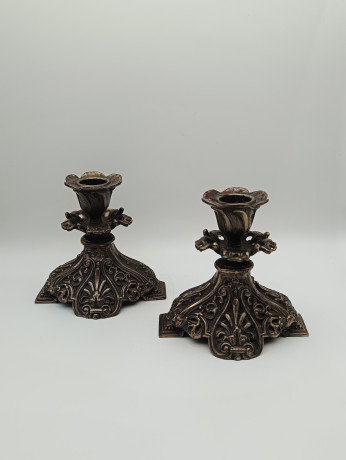 Подсвечники винтажные на одну свечу, с красивым резным декором, латунь, 2 шт., 12 х 11.5 см, Германия, 1960-70гг.