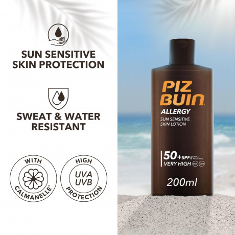 Piz Buin Skin Lotion ALLERGY Sun Sensitivequot LSF 50, Солнцезащитный лосьон для чувствительной кожи Piz Buin Allergy Sun SPF 50, быстро впитывающийся солнцезащитный крем для людей, страдающих аллергией, с защитным комплексом против раздражения 200мл