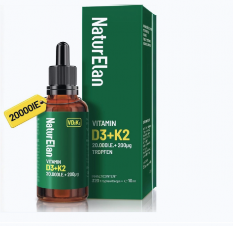 NaturElan Vitamin D3 + K2 MK7 drops 10ml, Капли 20000 МЕ, высокая дозировка, витамин D3 жидкий, поддержка иммунитета и костей, Германия