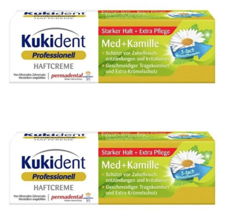 Kukident Haftcreme Med + Kamille 40g х 2st,  Крем для фиксации зубных протезов, сильная фиксация до 12 часов, защита десен, с ромашкой и мятой, 40 г x 2шт