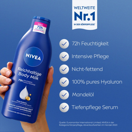 NIVEA Reichhaltige Body Milk, 400 ml, Нивеа Молочко для тела, гиалуроновая кислота и миндальное масло, 72ч увлажнение, 400 мл