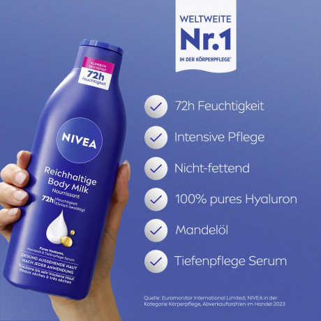 NIVEA Reichhaltige Body Milk, 400 ml, Нивеа Молочко для тела, гиалуроновая кислота и миндальное масло, 72ч увлажнение, 400 мл