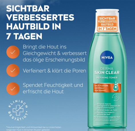 NIVEA Derma Skin Clear Gesichtswasser, 200 ml, Нивеа Тоник для лица, салициловая кислота и ниацинамид, для проблемной кожи, против воспалений, 200 мл