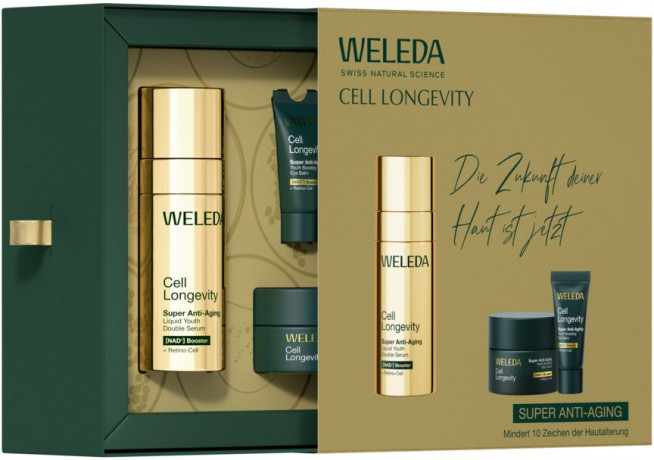 WELEDA Cell Longevity Super Anti-Aging Geschenkpackung, 3 Produkte, 50 ml + 15 ml + 5 ml, Подарочный набор Cell Longevity Super Anti-Aging: двухфазная сыворотка 50 мл, дневной крем 15 мл и бальзам вокруг глаз 5 мл