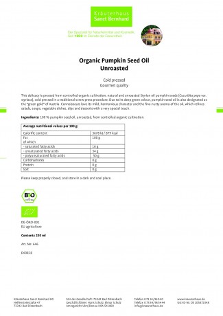 Krauterhaus Sanct Bernhardt Organic Pumpkin Seed Oil Unroasted, 250 мл