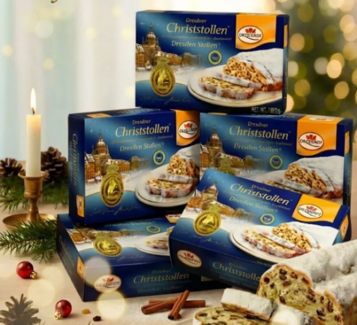 Dr. Quendt Echter Dresdner Christstollen 5stk Набор 5 Штолленов x 1 кг в подарочной упаковке, Немецкий рождественский кекс с изюмом и орехами