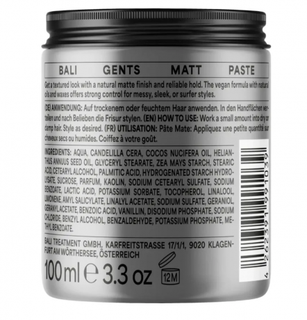 BALI GENTS Matt Paste 100ml,  Паста для укладки волос для мужчин (Германия), матовая текстура и сильная фиксация, естественный эффект без склеивания, 100 мл