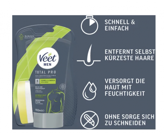 Veet Men Dusch-Haarentfernungscreme Oberkorper & Beine, normale Haut  Мужской крем для удаления волос в душе, для верхней части тела и ног, для нормальной кожи.