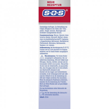 SOS Anti-Fusspilz Gel, 30 ml, SOS Гель против грибка стопы, с мочевиной и молочной кислотой, устраняет зуд и шелушение, 30 мл