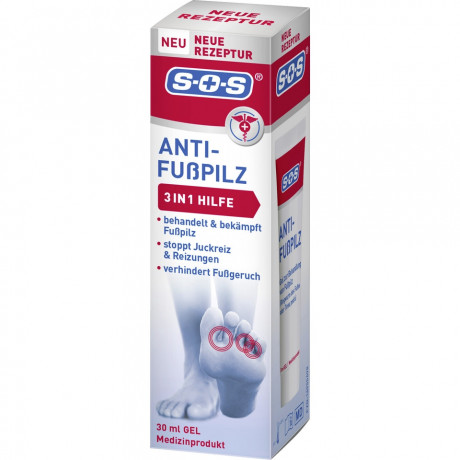 SOS Anti-Fusspilz Gel, 30 ml, SOS Гель против грибка стопы, с мочевиной и молочной кислотой, устраняет зуд и шелушение, 30 мл
