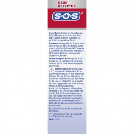 SOS Anti-Fusspilz Gel, 30 ml, SOS Гель против грибка стопы, с мочевиной и молочной кислотой, устраняет зуд и шелушение, 30 мл