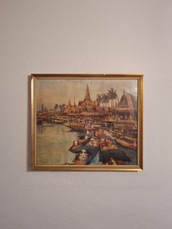 Картина винтажная "Пейзаж с лодками в Тайланде", масло, 51,5 x 45 см, Германия, 1960-70гг.