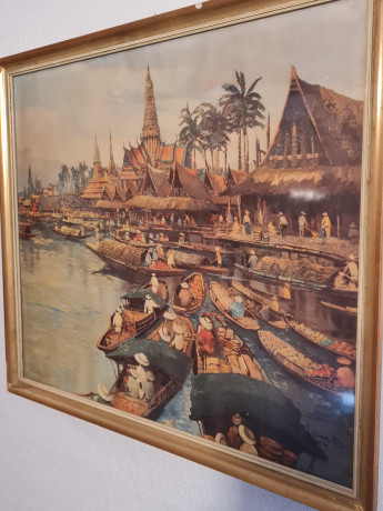 Картина винтажная "Пейзаж с лодками в Тайланде", масло, 51,5 x 45 см, Германия, 1960-70гг.